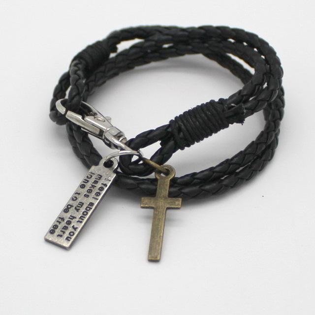 Christian Leather Bracelet with Cross and Bible Verse